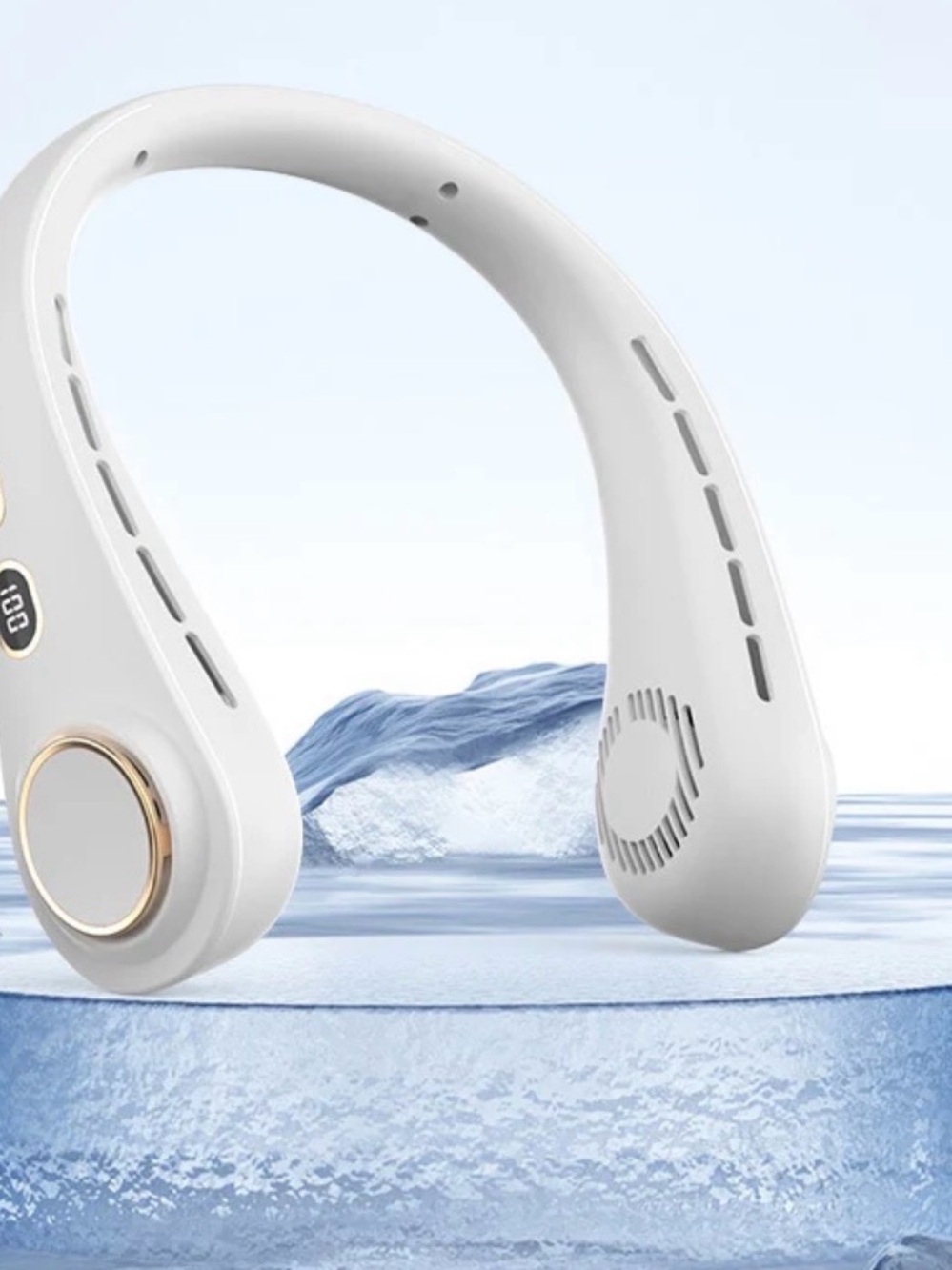White Hands-Free Neck Fan with Gold Accents